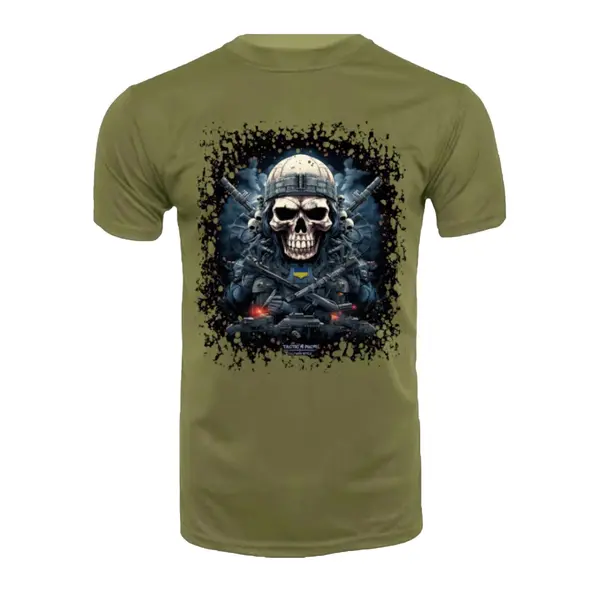 Футболка з принтом Військовий череп блакитний кулір олива XL (50)
