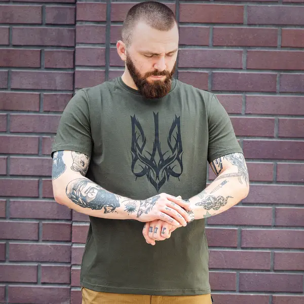 Футболка с принтом Тризуб кулир шелкография хаки XL (50)
