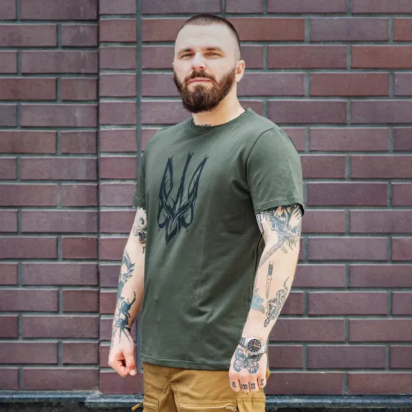 Футболка с принтом Тризуб кулир шелкография хаки XXL (52)