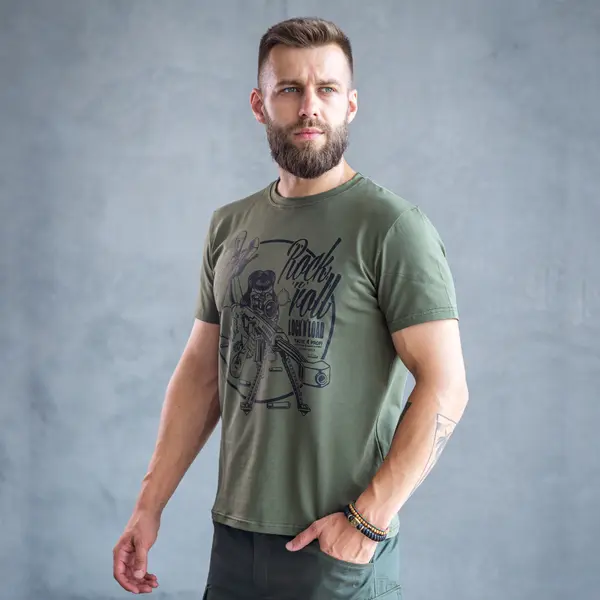 Футболка з принтом Rock n Roll кулір шовкографія хакі M (46)