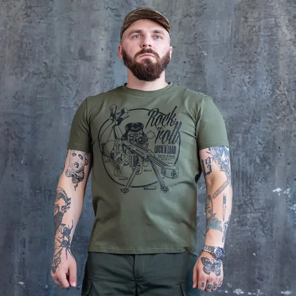 Футболка з принтом Rock n Roll кулір шовкографія хакі XXL (52)