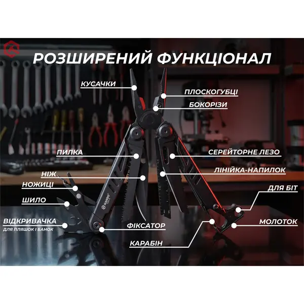 Мультитул Ganzo G305B, (18.2 см) 17 функций, черный + бит и чехол