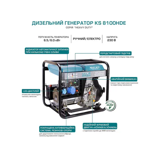 Генератор дизельний Konner&Sohnen KS 8100HDE (EURO V), 230В, 6.5 кВт, електростартер